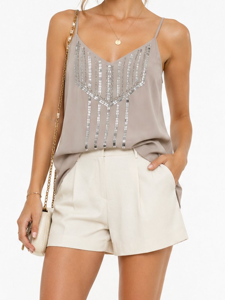 Silver Sequin Embellished Spaghetti Strap Camisole Top Elegant V-Neck Blouse